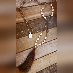 Zacasha Boho Faceted Crystal and Pearl Tassel Drop Necklace Brown